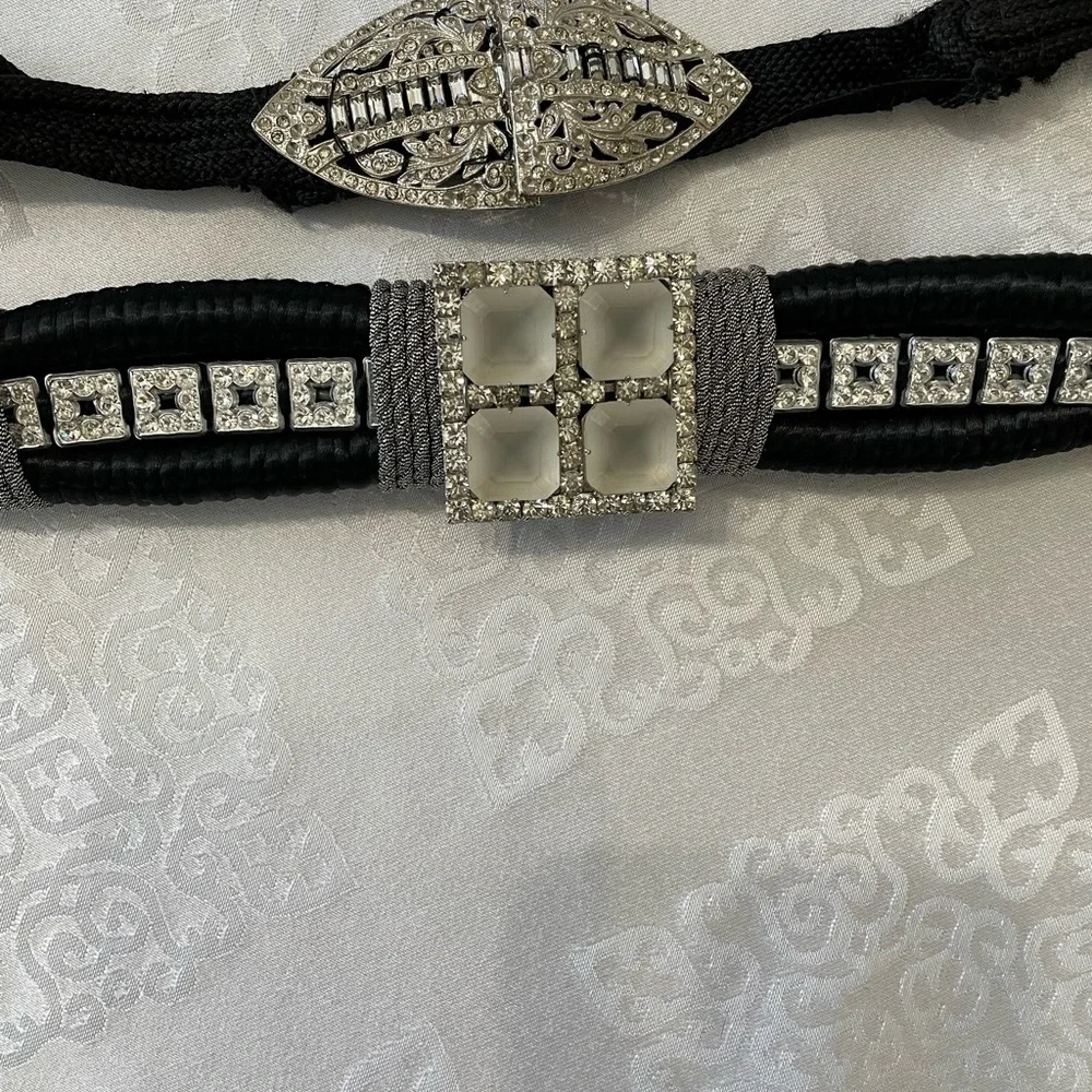 Women’s: Art Deco silver Rhinestone emblished Black Belt . 34 1/4 “